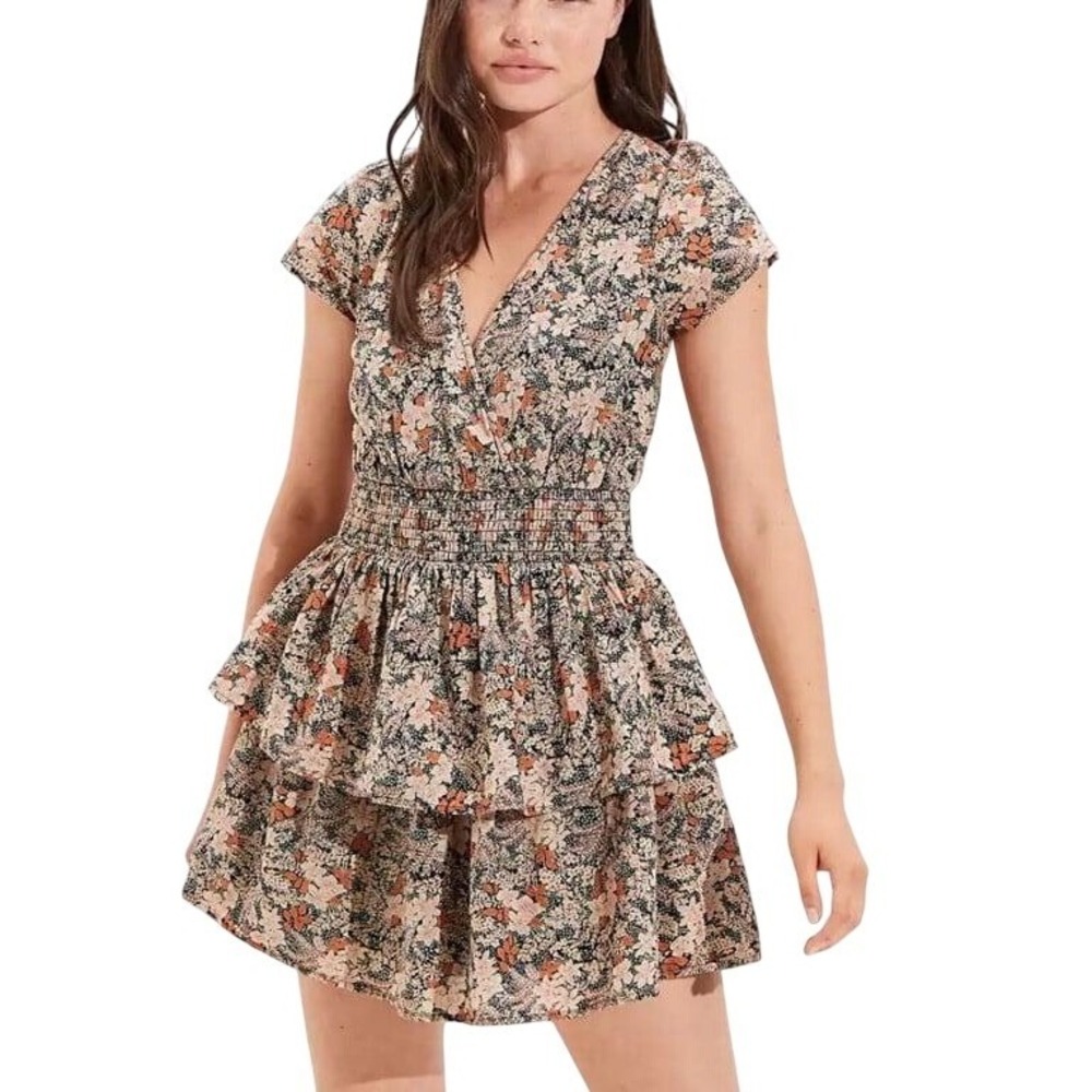 American Eagle Floral Mini Dress L Linen Blend Tiered Boho Festival Cowgirl